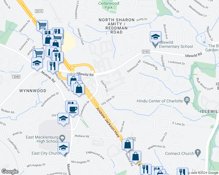 map of restaurants, bars, coffee shops, grocery stores, and more near 5727 Electra Lane in Charlotte