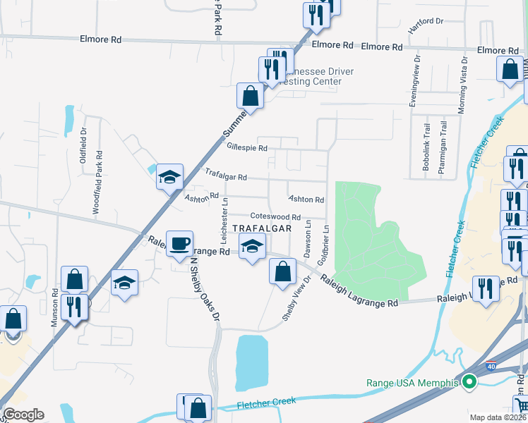 map of restaurants, bars, coffee shops, grocery stores, and more near 2094 Worchester Lane in Memphis