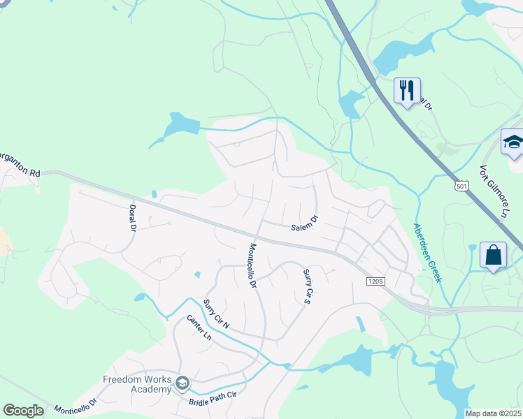 map of restaurants, bars, coffee shops, grocery stores, and more near 1445 Monticello Drive in Pinehurst