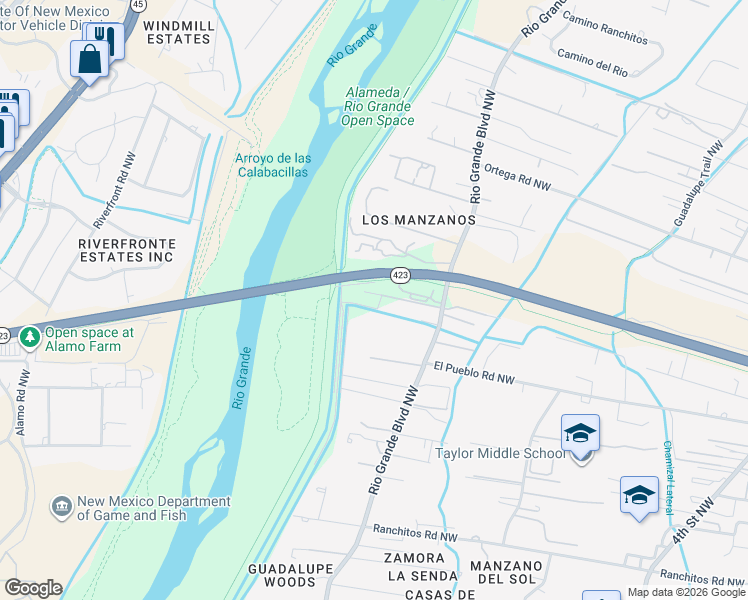 map of restaurants, bars, coffee shops, grocery stores, and more near Paseo Del Norte Boulevard Northeast in Los Ranchos de Albuquerque