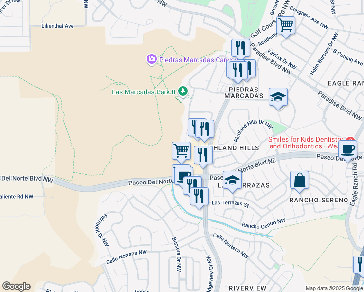 map of restaurants, bars, coffee shops, grocery stores, and more near 8623 Tia Christina Drive Northwest in Albuquerque