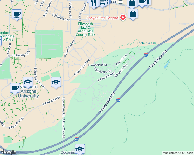 map of restaurants, bars, coffee shops, grocery stores, and more near 1377 South Maricopa Street in Flagstaff