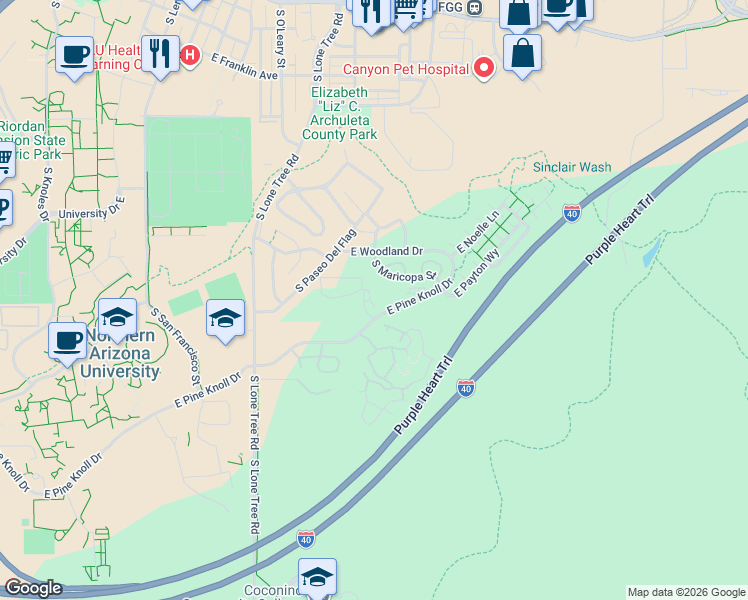 map of restaurants, bars, coffee shops, grocery stores, and more near 1100 East Jen Drive in Flagstaff