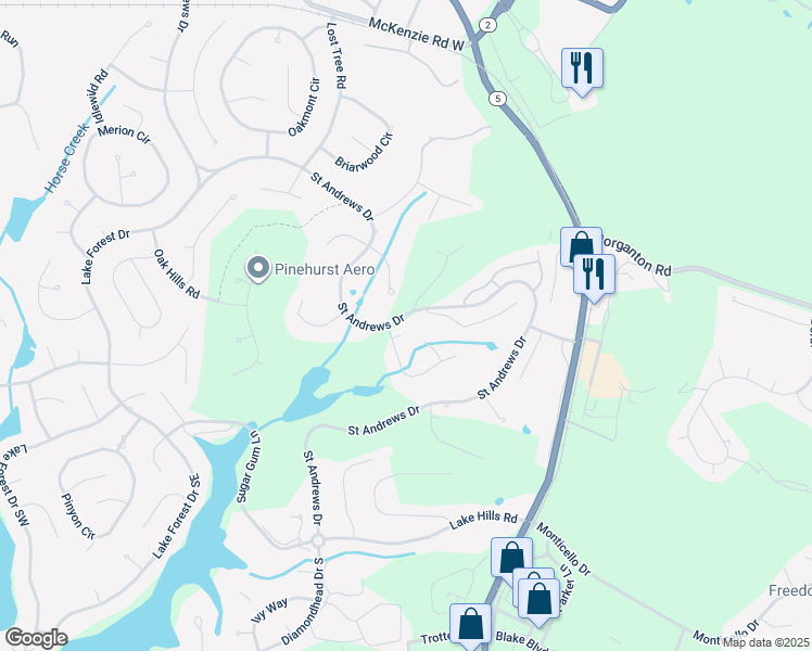 map of restaurants, bars, coffee shops, grocery stores, and more near 635 Saint Andrews Drive in Pinehurst