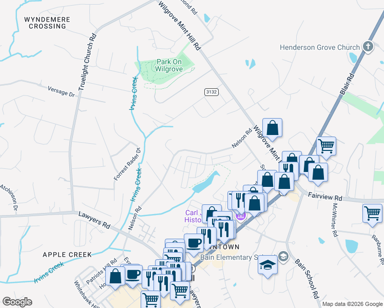 map of restaurants, bars, coffee shops, grocery stores, and more near 7701 Nelson Road in Mint Hill
