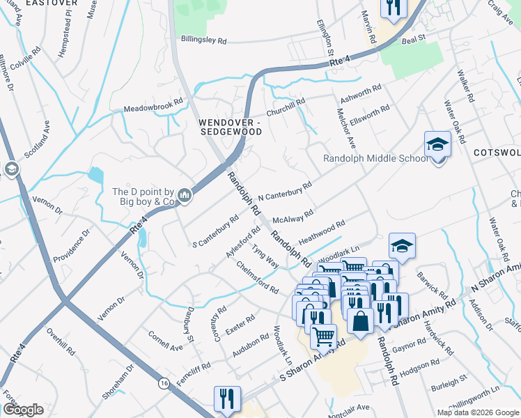 map of restaurants, bars, coffee shops, grocery stores, and more near 124 North Canterbury Road in Charlotte