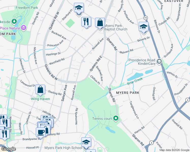 map of restaurants, bars, coffee shops, grocery stores, and more near in Charlotte