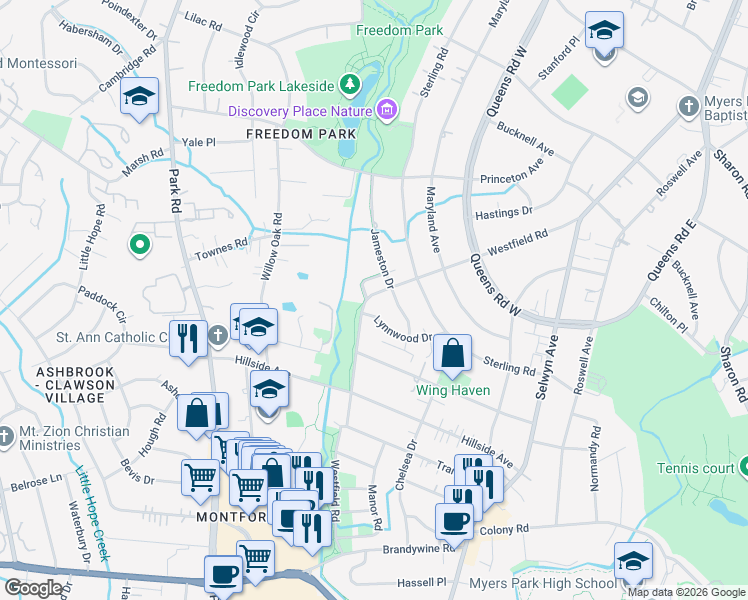 map of restaurants, bars, coffee shops, grocery stores, and more near in Charlotte