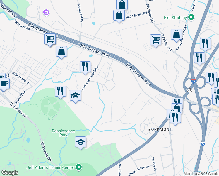 map of restaurants, bars, coffee shops, grocery stores, and more near 1010 Yorkmont Ridge Lane in Charlotte
