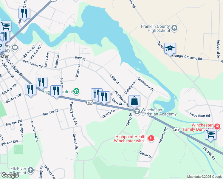map of restaurants, bars, coffee shops, grocery stores, and more near 1309 Old Cowan Road in Winchester