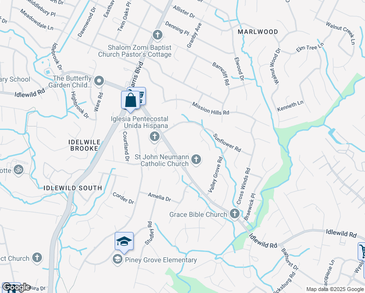 map of restaurants, bars, coffee shops, grocery stores, and more near 8327 Idlewild Road in Charlotte