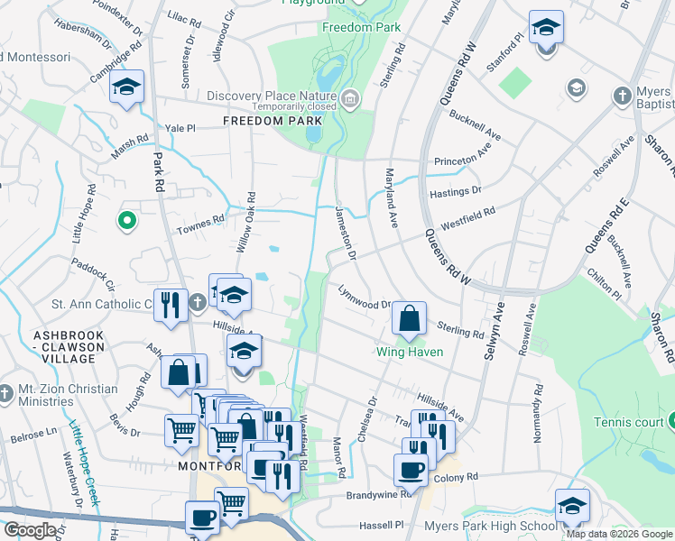 map of restaurants, bars, coffee shops, grocery stores, and more near in Charlotte