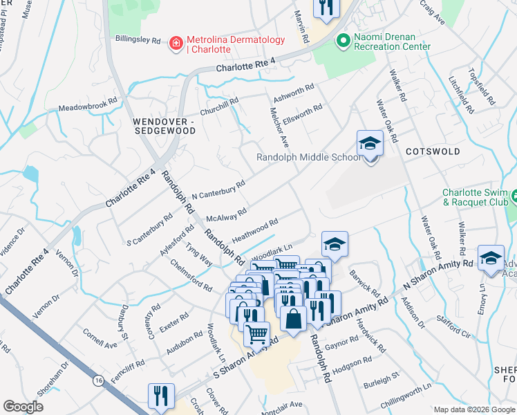 map of restaurants, bars, coffee shops, grocery stores, and more near 210 McAlway Road in Charlotte