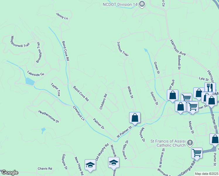 map of restaurants, bars, coffee shops, grocery stores, and more near 201 Childers Road in Franklin