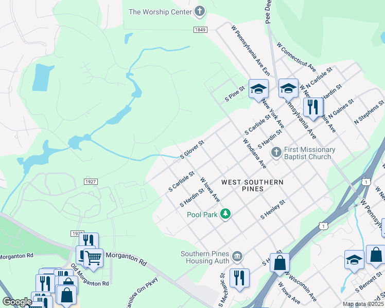 map of restaurants, bars, coffee shops, grocery stores, and more near 605 South Glover Street in Southern Pines