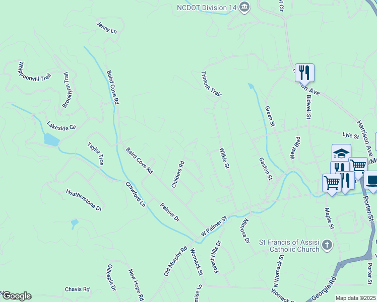 map of restaurants, bars, coffee shops, grocery stores, and more near 201 Childers Road in Franklin