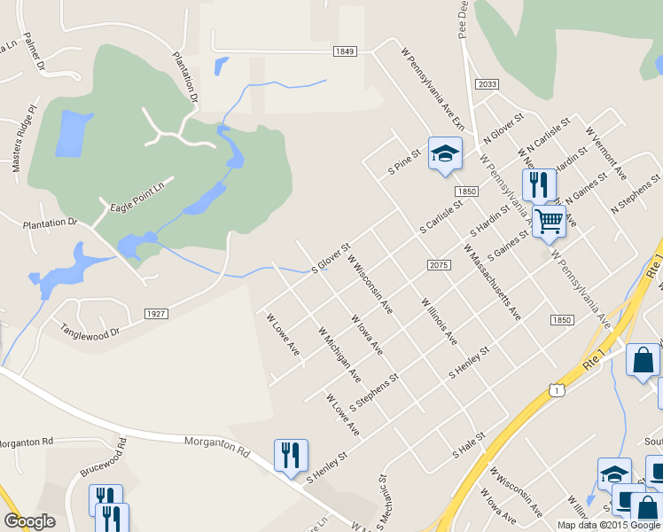 map of restaurants, bars, coffee shops, grocery stores, and more near 605 South Glover Street in Southern Pines