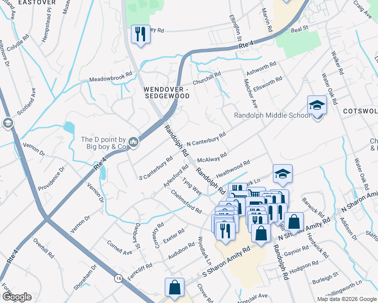 map of restaurants, bars, coffee shops, grocery stores, and more near 124 North Canterbury Road in Charlotte