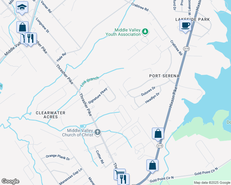 map of restaurants, bars, coffee shops, grocery stores, and more near 2051 Turnberry Circle in Middle Valley