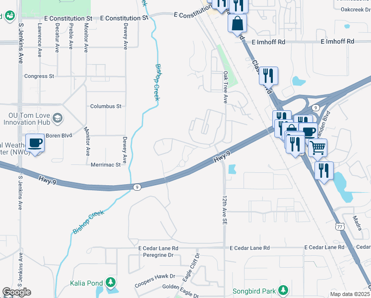 map of restaurants, bars, coffee shops, grocery stores, and more near 806 Cardinal Creek Boulevard in Norman