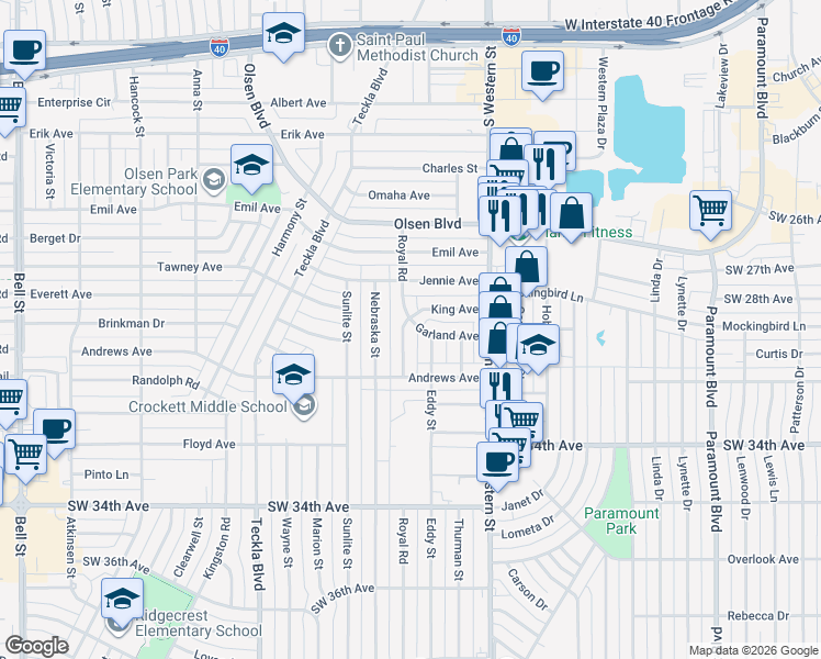 map of restaurants, bars, coffee shops, grocery stores, and more near 2710 Royal Road in Amarillo