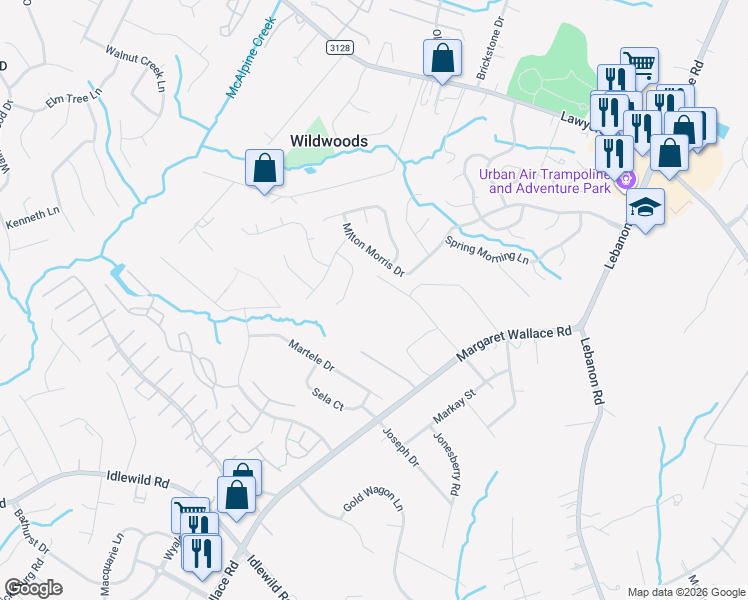 map of restaurants, bars, coffee shops, grocery stores, and more near 7305 Stillwell Road in Matthews