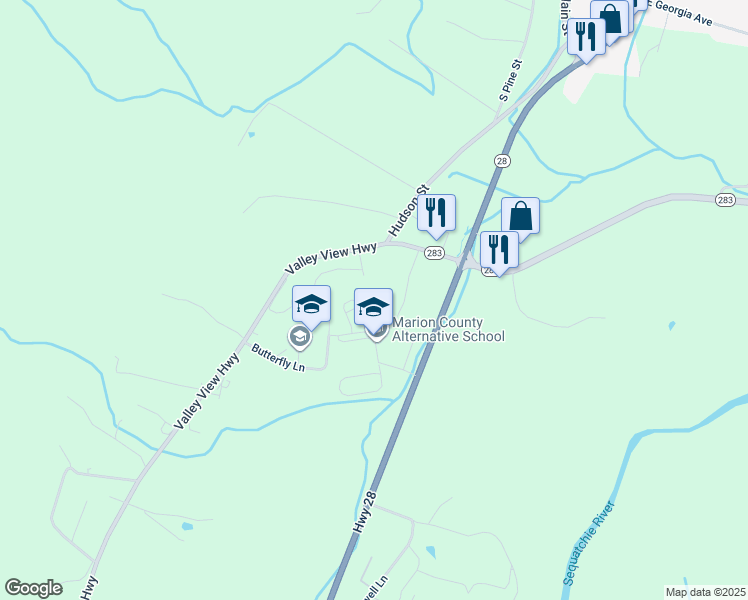 map of restaurants, bars, coffee shops, grocery stores, and more near 150 Tiger Trail in Whitwell