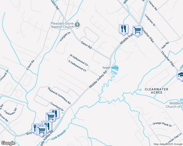 map of restaurants, bars, coffee shops, grocery stores, and more near 904 Valleywood Drive in Middle Valley