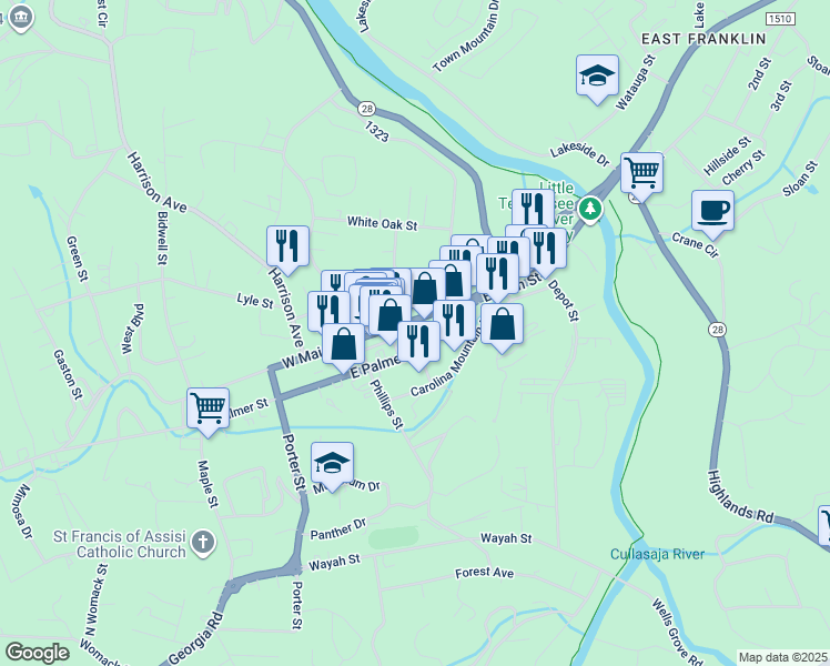 map of restaurants, bars, coffee shops, grocery stores, and more near Patton Avenue in Franklin