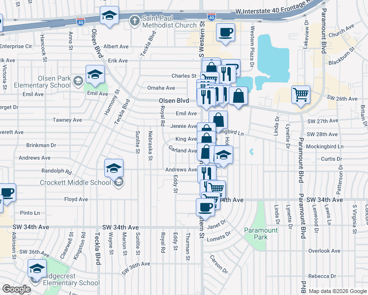 map of restaurants, bars, coffee shops, grocery stores, and more near 4212 Garland Avenue in Amarillo