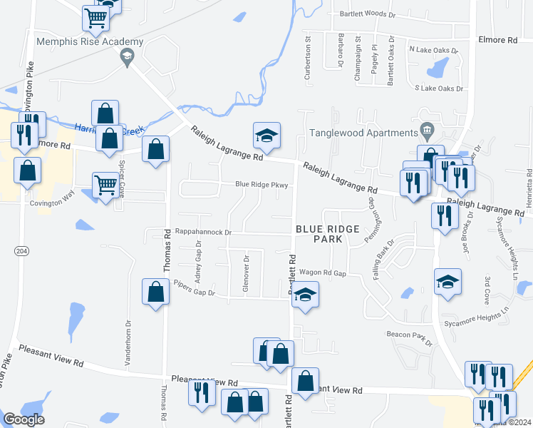 map of restaurants, bars, coffee shops, grocery stores, and more near 5454 Fincastle Cove in Memphis