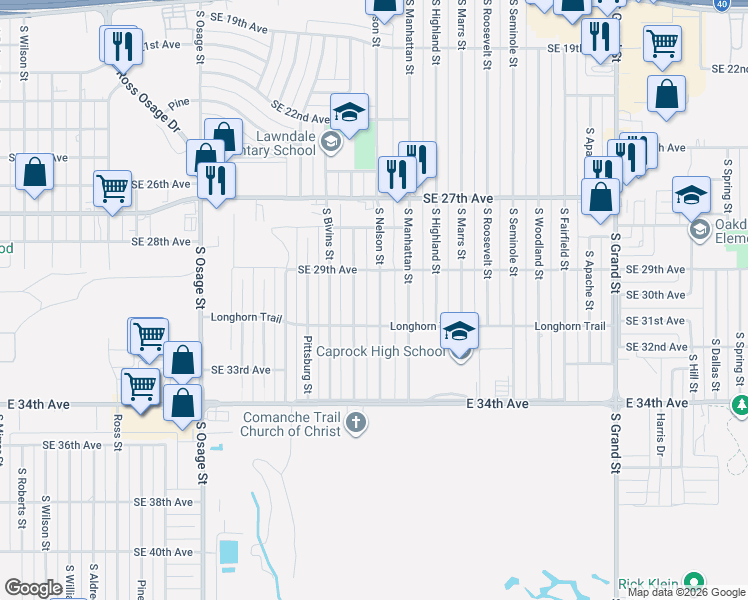 map of restaurants, bars, coffee shops, grocery stores, and more near 2907 Browning Street in Amarillo