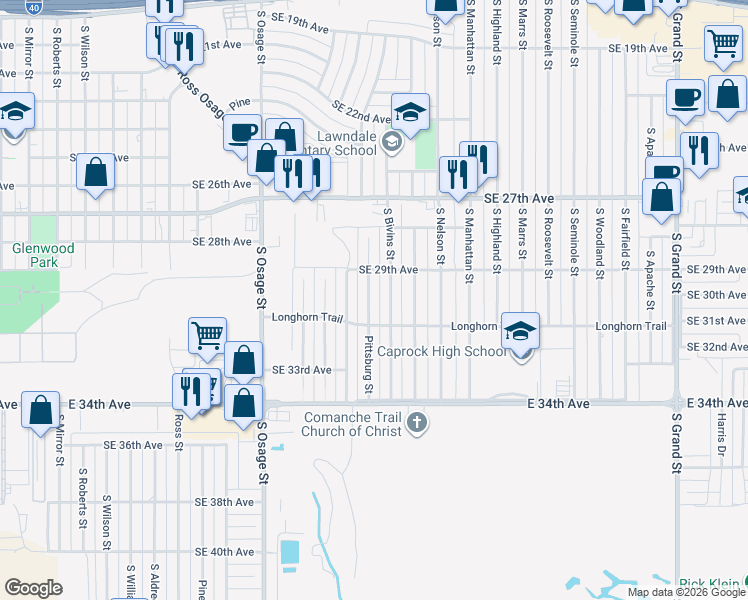 map of restaurants, bars, coffee shops, grocery stores, and more near 2904 South Bivins Street in Amarillo