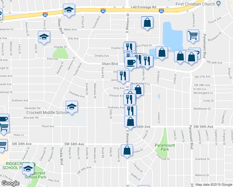 map of restaurants, bars, coffee shops, grocery stores, and more near 4217 King Avenue in Amarillo
