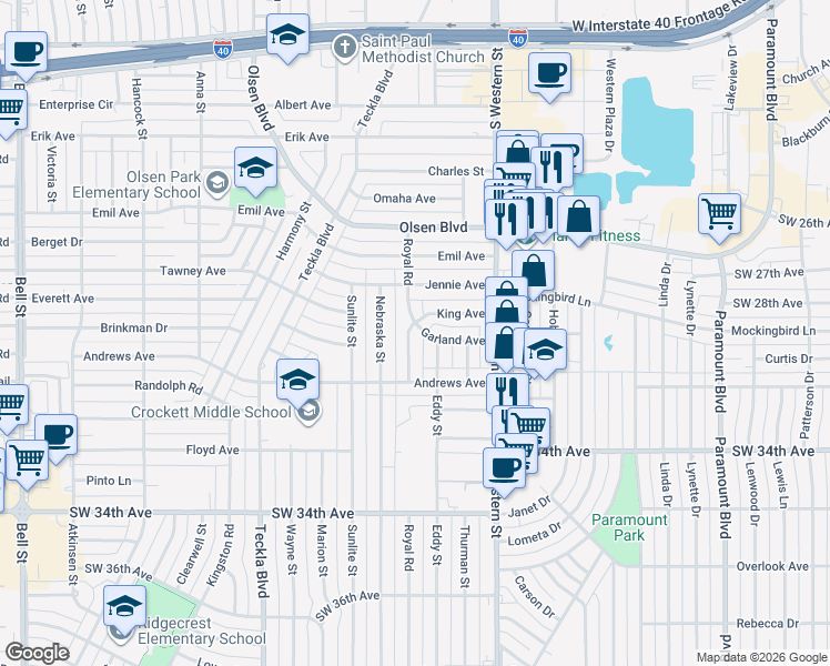 map of restaurants, bars, coffee shops, grocery stores, and more near 2710 Royal Road in Amarillo