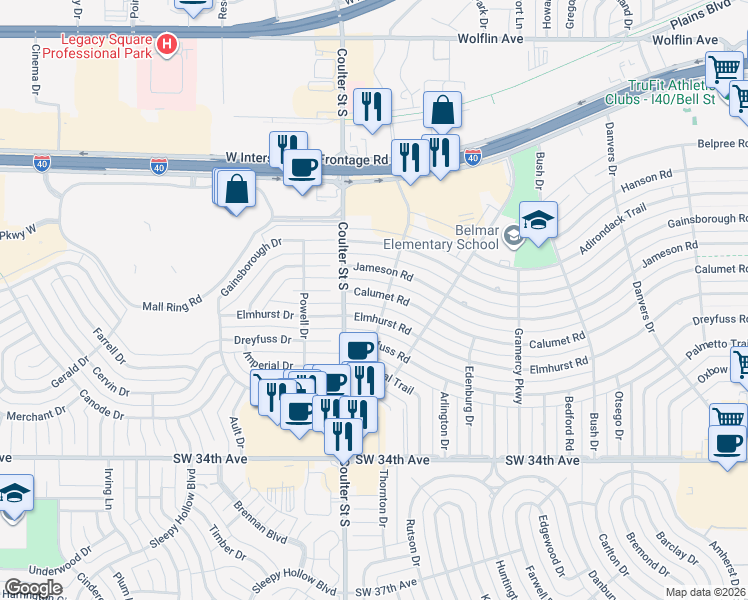map of restaurants, bars, coffee shops, grocery stores, and more near 7204 Calumet Road in Amarillo