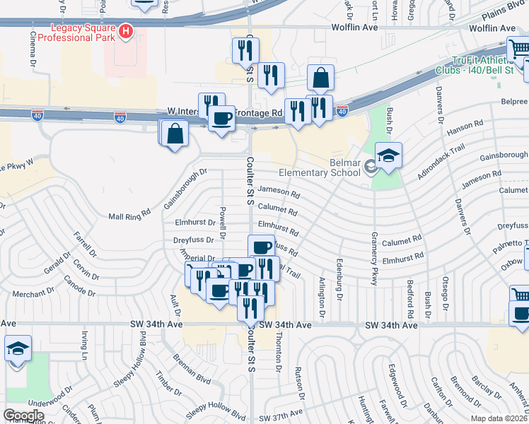 map of restaurants, bars, coffee shops, grocery stores, and more near 7204 Calumet Road in Amarillo