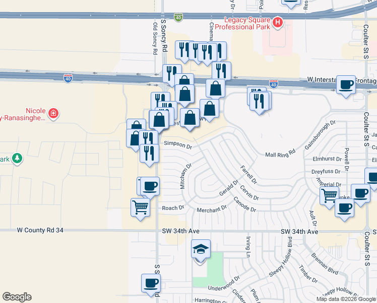map of restaurants, bars, coffee shops, grocery stores, and more near 8004 Simpson Drive in Amarillo