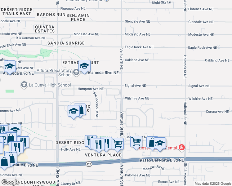 map of restaurants, bars, coffee shops, grocery stores, and more near 8912 Hampton Avenue Northeast in Albuquerque