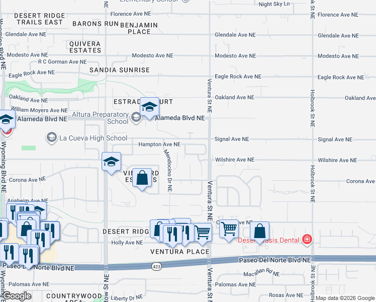map of restaurants, bars, coffee shops, grocery stores, and more near 8912 Hampton Avenue Northeast in Albuquerque