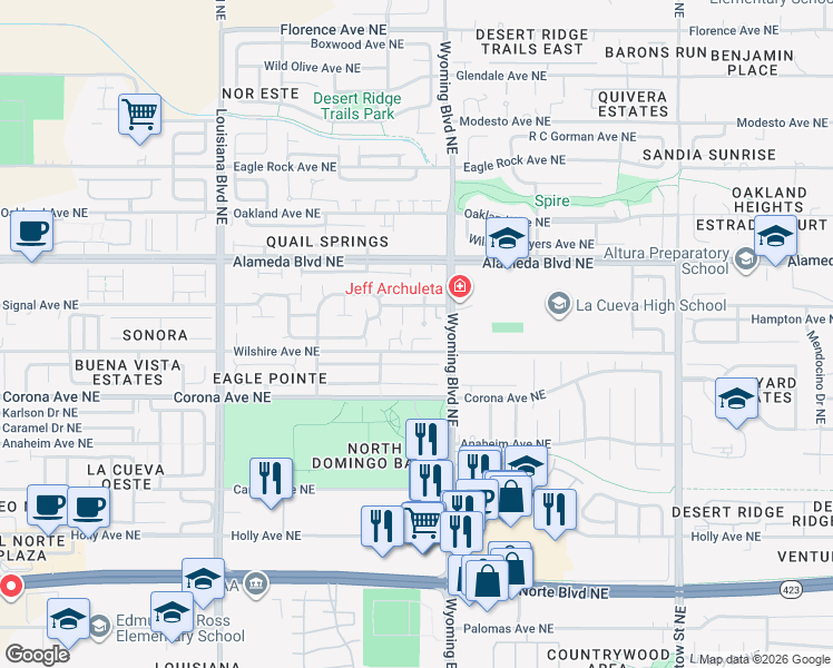 map of restaurants, bars, coffee shops, grocery stores, and more near 8632 Desert Dusk Court Northwest in Albuquerque