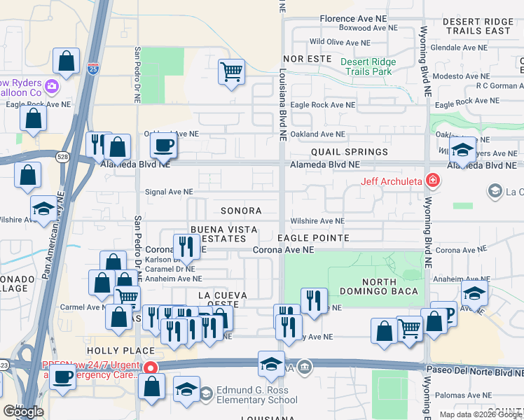 map of restaurants, bars, coffee shops, grocery stores, and more near 6808 Tesoro Place Northeast in Albuquerque