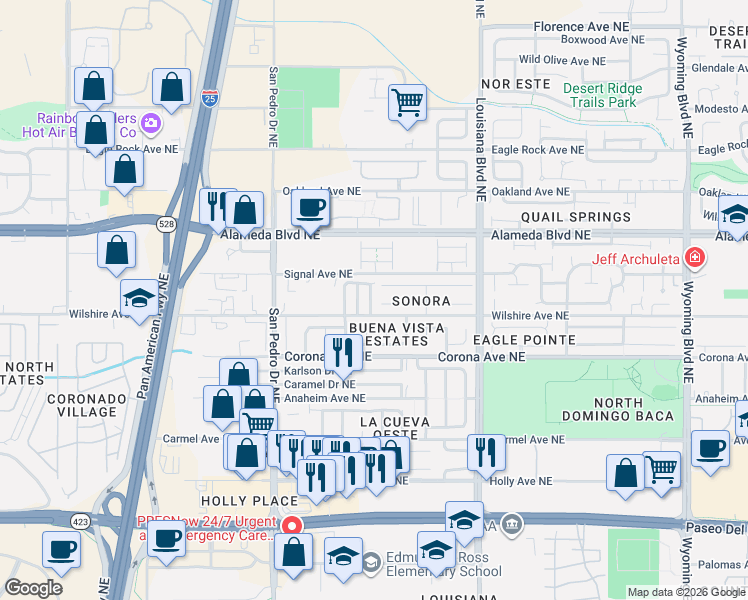 map of restaurants, bars, coffee shops, grocery stores, and more near 8631 Simi Lane Northeast in Albuquerque