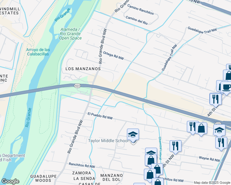 map of restaurants, bars, coffee shops, grocery stores, and more near 8652 Rio Grande Boulevard Northwest in Los Ranchos de Albuquerque
