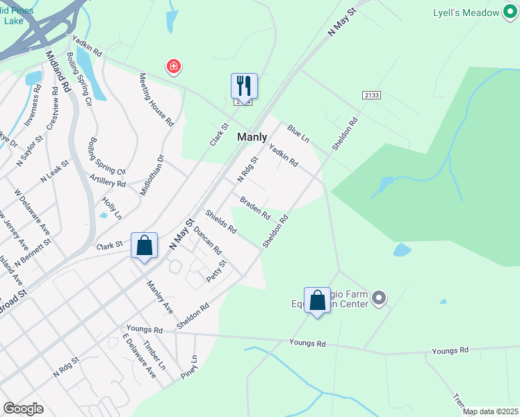 map of restaurants, bars, coffee shops, grocery stores, and more near 305 Braden Road in Southern Pines