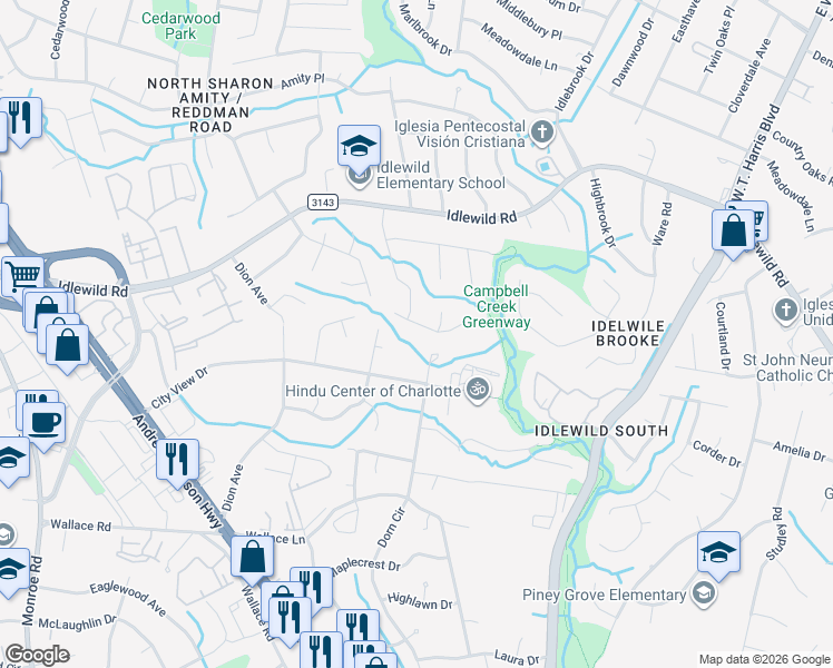 map of restaurants, bars, coffee shops, grocery stores, and more near 7207 Rockwood Forest Lane in Charlotte