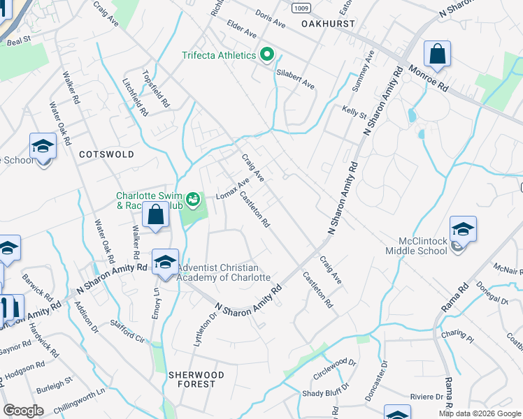 map of restaurants, bars, coffee shops, grocery stores, and more near 3538 Saker Lane in Charlotte
