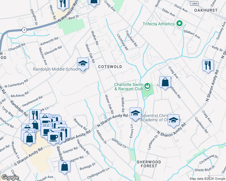 map of restaurants, bars, coffee shops, grocery stores, and more near 1034 Linda Ln in Charlotte