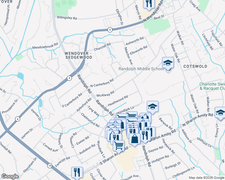 map of restaurants, bars, coffee shops, grocery stores, and more near 211 McAlway Road in Charlotte