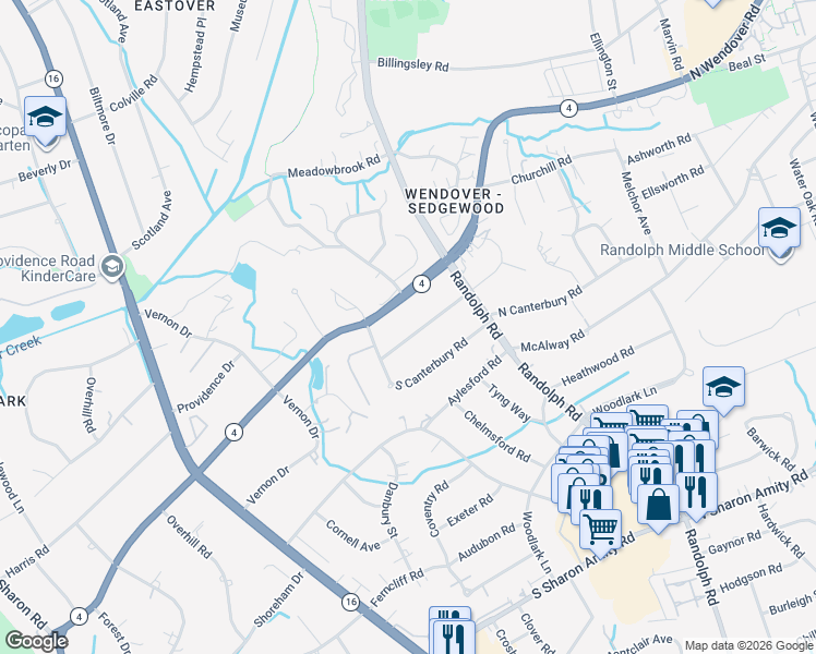 map of restaurants, bars, coffee shops, grocery stores, and more near 1211 South Wendover Road in Charlotte